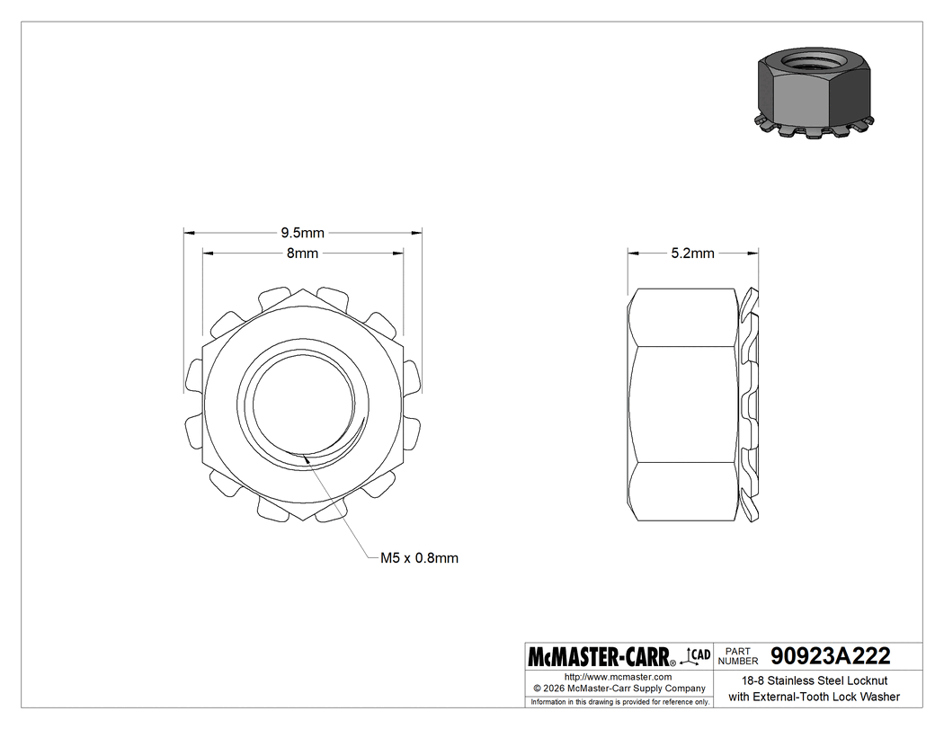 Technical Drawing of 18-8 Stainless Steel Locknut with External-Tooth Lock Washer, Corrosion-Resistant, M5 x 0.8 mm Thread Size.